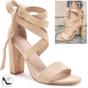 Beige Nude Chunky Ankle Strappy Sandal Pumps Lace Up High Heels Open Toe 10